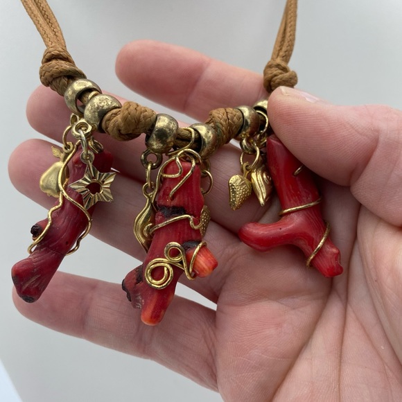 Artisan Red Coral Branch Gold Tone Charm Cord Handcrafted Necklace - Picture 9 of 12